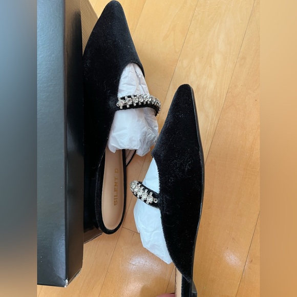 Anthropologie Silent D 🆕 🖤 💎 embellished velvet flat mule, black, rhinestones - Picture 7 of 8